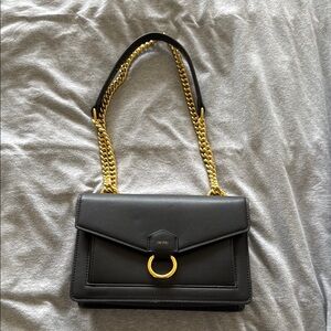 Black Leather Shoulder Bag with Gold Chain
